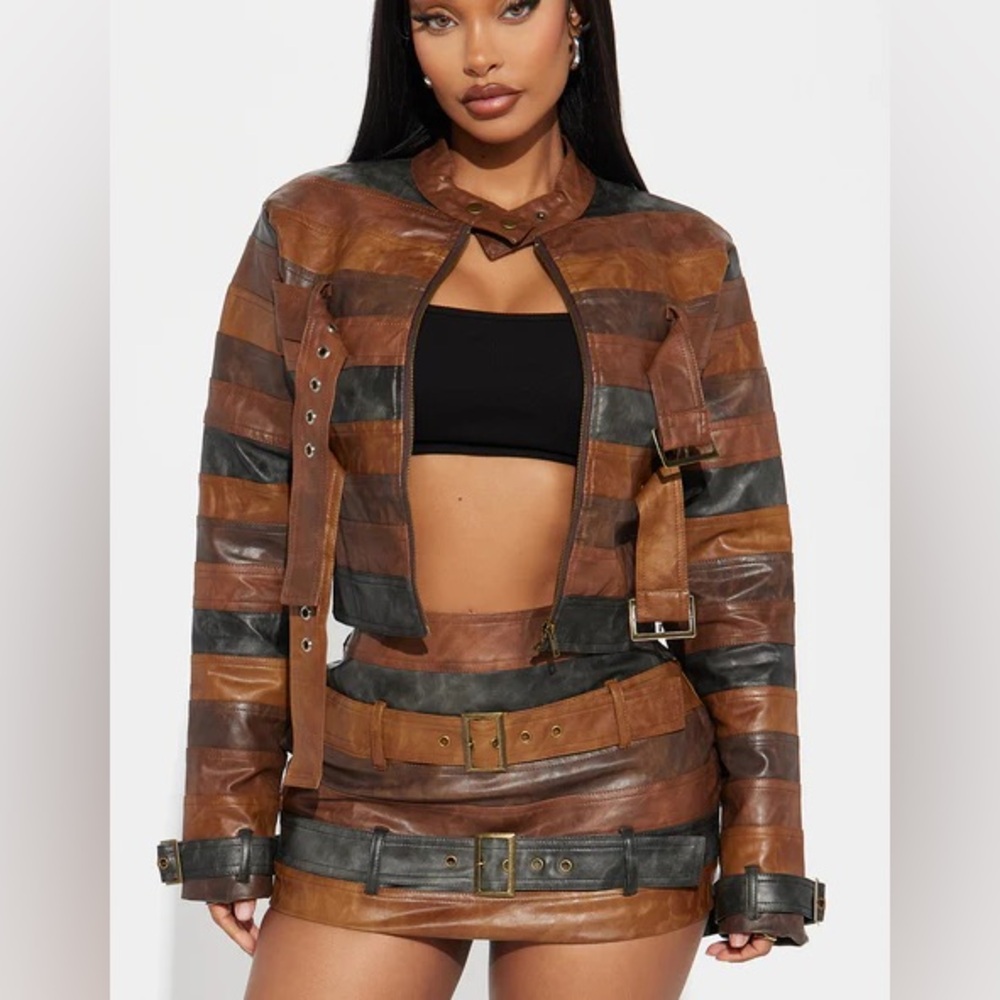 Fashion Nova Brown and Black Striped Faux Leather Jacket & Skirt